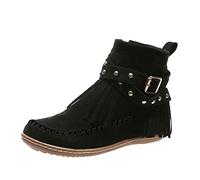 Generisch Las mujeres de gamuza sólida retro dedos redondos zapatos cortos borlas cremallera botines de color plano botas de mujer brillo plata, Negro , 41 EU