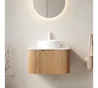 Generisch Lavabo de baño colgante de 61 cm con lavabo de cerámica blanca, encimera blanca de Carrara, armario de madera contrachapada con cajón de cierre suave, premontado, grano de madera natural