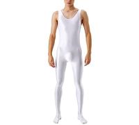 Generisch Leggings para hombre, aceitosos, brillantes, transparentes, de una pieza, para culturismo, para hombre, de manga larga, de nailon, con aspecto mojado, mono, Blanco, M