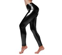 Generisch Leggings para mujer con aspecto de piel, efecto mojado, para yoga, tiempo libre, cintura alta, transpirables, Negro , XXL