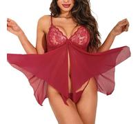 Generisch Lencería sexy para mujer, camisón de malla transparente, sin mangas, vestido de peluche de encaje para noches, rojo, XL