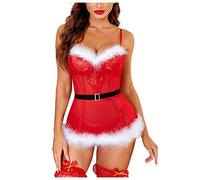 Generisch - Lencería sexy para mujer de Navidad, traje de Santa, babydoll de encaje, camisón rojo, vestido con escote en V, conjunto curvy, disfraz de Santa, babydoll con liga, Rojo n.º 1., XL