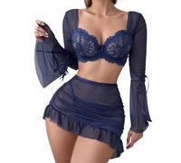 Generisch Lencería sexy para mujer Emoción Encaje Transparente Seductora Pasión Tres Piezas Conjunto Ropa Interior Erótica, marine, XL