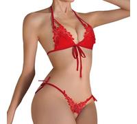 Generisch Lencería sexy para mujer nueva ropa interior de tres puntos bikini entrepierna abierta de gran tamaño conjunto de ropa interior para mujer, rojo, Talla única