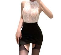 Generisch Lencería sexy para mujer, ropa de dormir de peluche, vestido de boudoir, disfraz de secretaria, conjunto de ropa de dormir, estilo puro desilusión, Negro , Talla única