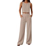 Generisch Linen Sets for Women 2 Piece Sleeveless Crew Neck Tank With Wide Leg Pant Casual Cotton Gauze Set, caqui, XL