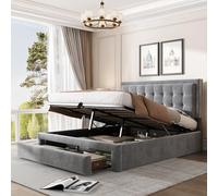 Generisch Lit rembourré 140 x 190 Avec sommier à Lattes et tête de lit, lit de rango, lit rembourré hydraulique, lit double, avec 2 tiroirs, Support de lattes en bois, terciopelo, gris