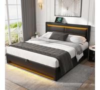 Generisch Lit rembourré 140 x 190 cm, Avec Port USB (supporte le chargement sans fil et filaire), Avec éclairage et Espace de Rangement, sans matelas, PU Lychee Design, Noir
