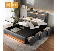Generisch Lit rembourré 140 x 190 cm, hydraulique, Avec Port USB (supporte le chargement sans fil et filaire), Avec éclairage LED et 3 tiroirs de rango, sans matelas, PU Design Litchi, gris
