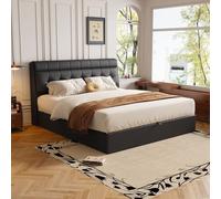 Generisch Lit Rembourré de Style, 140 x 190, lit hydraulique, Rangement caché au Chevet, Rangement Pour le coffre de lit, PU, Avec sommier à Lattes et Avec tête de lit, sans matelas, negro