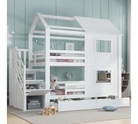 Generisch Litera blanca con armario para escaleras y cajón enrollable - 90 x 200 cm, madera de pino/MDF, somieres estables y diseño de techo encantador para habitaciones infantiles creativas