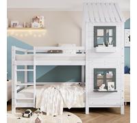 Generisch Litera blanca con diseño de casa y ventana, madera de pino con pasamanos, rejilla de seguridad y protección contra caídas, tamaño de colchón de 90 x 200 cm, certificado EN747