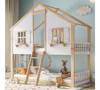 Generisch Litera con diseño de casa mágica - Cuna estable de madera de pino con escalera de 3 peldaños y barandillas de seguridad (90 x 200 cm, capacidad de carga de 120 kg)