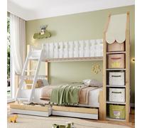 Generisch Litera de cuento de hadas 90 x 200 cm + 140 x 200 cm con listón, 2 cajones y rejilla de seguridad, espacio de almacenamiento para dormir seguro en blanco y natural