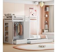 Generisch Litera de madera maciza con cama nido, armario y cajones - Cama multifunción para ahorrar espacio en blanco/gris