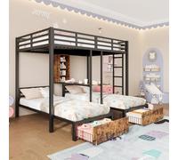 Generisch Litera estable de 140 x 200 + 90 x 200 cm, 3 camas con rejillas laterales, 2 cajones y compartimentos de almacenamiento, estanterías, sin colchón, color negro, ahorra espacio para habitación