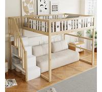 Generisch Litera para niños de 140 x 200 cm de madera maciza con escalera, barandilla de seguridad y decoración de luna estrella, cama alta con espacio de almacenamiento para habitación infantil