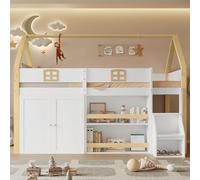 Generisch Litera que ahorra espacio con escalera de seguridad integrada de dos niveles, estantes de almacenamiento y armario - Diseño exclusivo de techo, robusta construcción de pino (blanco y natural