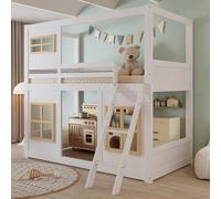 Generisch Litera segura para niños con 3 ventanas y escalera estable, protección de cuatro lados, madera de pino, MDF, madera contrachapada, blanco y natural, 90 x 200 cm