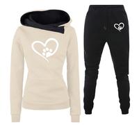 Generisch Lounge KH1 L - Conjunto de chándal para mujer, 2 piezas, estampado de latidos de corazón, traje de casa con bolsillos, corte ajustado, cómodo, ocio, deporte, sudadera con capucha y pantalón