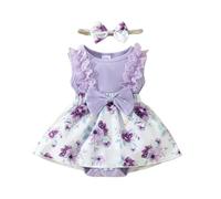 Generisch Mameluco de lazo acanalado sin mangas para niñas para niños recién nacidos estampados florales bodis vestido diademas trajes, morado, 9-12 meses