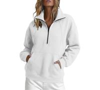 Generisch Manteau polaire ample à manches courtes pour l'hiver l'automne, avec demi-fermeture éclair capuche à algunos longues., Blanco, XL