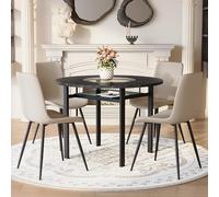 Generisch Mantel individual redondo con 4 sillones de poliuretano gris cálido, 100 cm de diámetro, mesa de comedor de color negro imitación de madera con intarsia de cristal y estante de