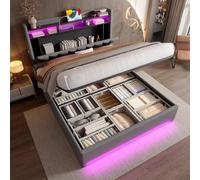 Generisch Marco de cama acolchado LED de 140 x 200 cm, color gris con función de carga USB-C, espacio para cabecero y cama inferior hidráulica