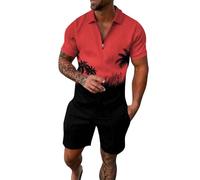 Generisch Masculino Casual Rayas Gradiente Rampa Impresión Dos Piezas Cremallera Manga Corta Blusa Top Cordón Bolsa Corto Conjunto, rojo, L