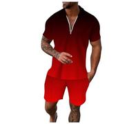 Generisch Masculino Casual Rayas Gradiente Rampa Impresión Dos Piezas Cremallera Manga Corta Top Blusa Cordón Bolsa Corto Conjunto, rojo, L