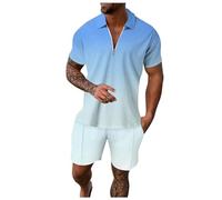 Generisch Masculino Casual Rayas Gradiente Rampa Impresión Dos Piezas Cremallera Manga Corta Top Blusa Cordón Bolsa Corto Conjunto, azul claro, L