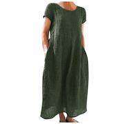 Generisch Maxi vestidos sueltos monocolor manga corta algodón lino vestido largo verano mujer corto, Verde militar., XL