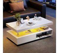 Generisch Mesa de centro blanca brillante 95 x 50 x 42,5 cm con 4 placas de cristal, 2 cajones, 2 compartimentos abiertos e iluminación LED inteligente, práctico espacio de almacenamiento, control de