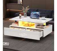 Generisch Mesa de centro con iluminación LED, color blanco brillante, 90 x 55 x 41 cm, con 2 cajones, capacidad de carga de 30 kg, moderna mesa de salón con espacio de almacenamiento
