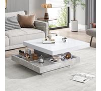 Generisch Mesa de centro doble giratoria de 360° con tapa blanca brillante y base de color mármol, práctico compartimento de almacenamiento, duradero y elegante para tu salón