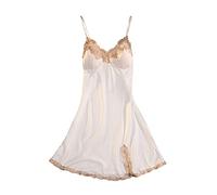 Generisch Mi último pedido de seda de hielo, pijama, encaje, encaje, hendidura, almohadilla para el pecho, ropa de satén para el hogar, Blanco, 3XL