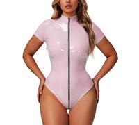 Generisch Mini conjunto sexy con entrepierna abierta y piel brillante para mujer, medias conejita con cremallera, lencería blanca, Color lila claro., 3XL