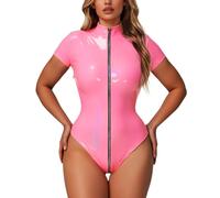 Generisch Mini conjunto sexy con entrepierna abierta y piel brillante para mujer, medias conejita con cremallera, lencería blanca, rojo, M