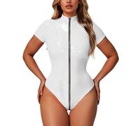 Generisch Mini conjunto sexy con entrepierna abierta y piel brillante para mujer, medias conejita con cremallera, lencería blanca, Blanco, L
