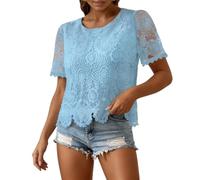 Generisch Moda casual blusa de manga corta con elegante diseño de encaje y cuello redondo cómodo, camiseta versátil para uso diario., azul claro, XXL