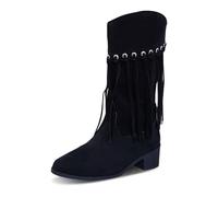 Generisch Moda de invierno de las mujeres Color sólido de ante con flecos Mid Calf Botas temperamento Botas cómodas con cremallera trasera larga mujer, Negro , 41 EU