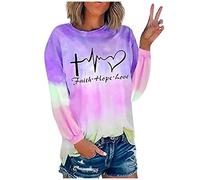 Generisch Moda Mujeres Letra Tie-Dye Estampado Oansatz Manga Larga Sudadera Blusa Tops Aware T Shirt Damen, morado, 4XL