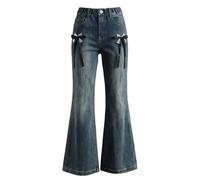 Generisch Moda para niñas: vaqueros acampanados con bordados y material elástico versátil para niños y adolescentes más grandes, marine, 15-16 años