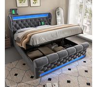 Generisch Moderna cama tapizada de 140 x 200 cm con iluminación LED, estación de carga USB/tipo C y almacenamiento hidráulico, terciopelo gris (sin colchón)