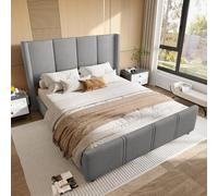 Generisch Moderna cama tapizada de 160 x 200 cm con puertos USB, tela de terciopelo gris, combinación de hierro y madera para dormitorio elegante