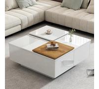 Generisch Moderna mesa de centro cuadrada brillante blanca - 75 x 75 cm con tablero deslizante y 4 cajones, duradera, soporta hasta 30 kg, para salón