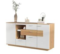 Generisch Moderno aparador con iluminación LED (160 x 40 x 77 cm) - 4 cajones, 2 puertas, estante de cristal y aspecto de madera para una gestión elegante del espacio de almacenamiento en el salón