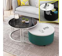Generisch Moderno juego de 2 mesas de café redondas con almacenamiento - Tablas laterales apilables con tapa de cristal para espacios pequeños - Diseño estable para uso en sala de estar