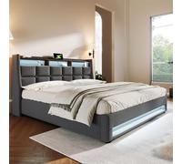 Generisch Moderno juego de cama LED de 140 x 200 cm con estación de carga USB, iluminación ajustable y somier de láminas metálicas, diseño de lino gris para un dormitorio elegante