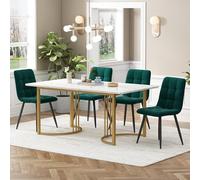 Generisch Moderno juego de comedor de 5 piezas con mesa de mármol MDF y sillas de terciopelo, mesa de cocina de 140 x 80 cm, color blanco, patas de metal dorado y verde oscuro, construcción estable